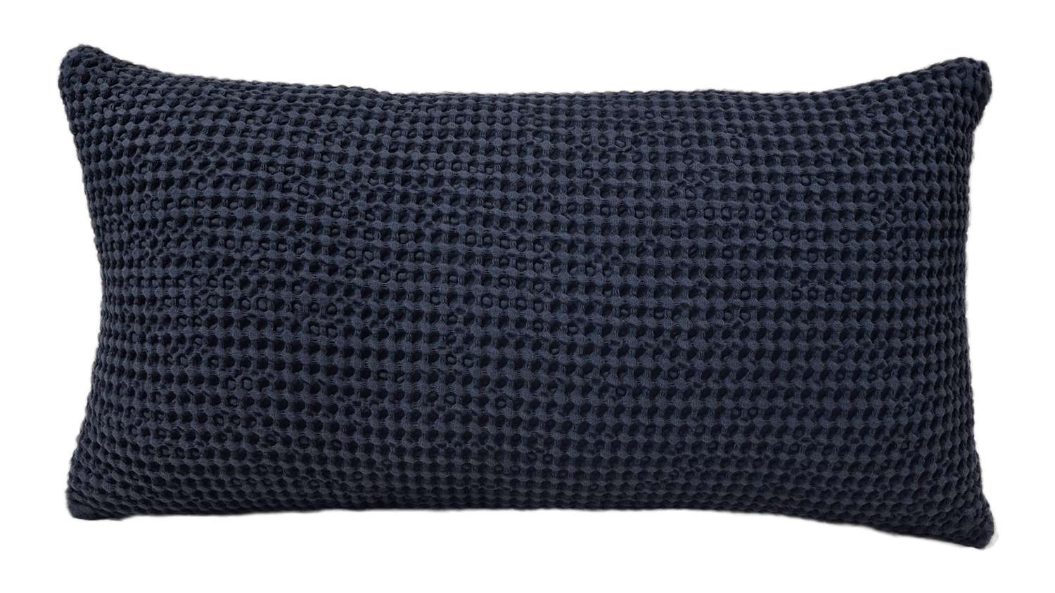A rectangular New Bliss Feather Cushion featuring a navy finish and a waffle-weave texture